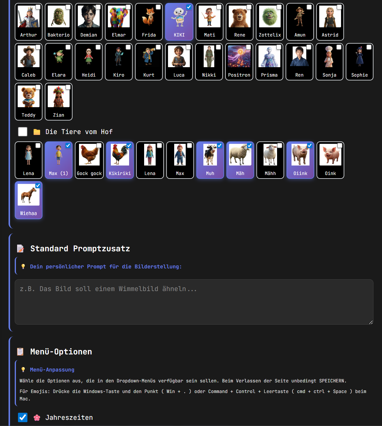 Charakter Edit Oberfläche